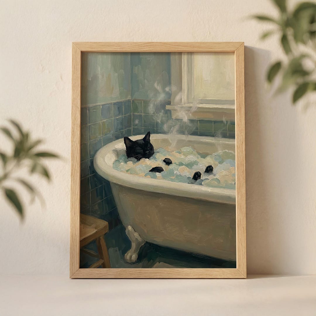 Black Cat in Bathtub Wall Art Print, Cozy Bathroom Illustration With ...