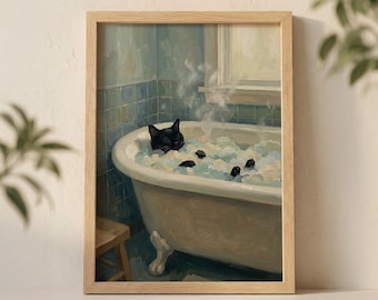 Black Cat in Bathtub Wall Art Print, Cozy Bathroom Illustration with Blue Tiles and Bubble Bath