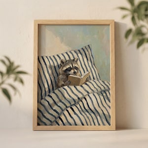 Raccoon Reading in Bed Wall Art Print, Cozy Animal Illustration with Striped Pillow for Bedroom Decor