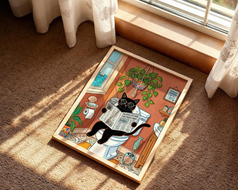 Black Cat Reading Newspaper on Toilet Wall Art Print, Funny Bathroom ...