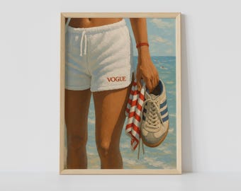 Impresión de playa de estilo retro Vogue: arte mural de moda de verano, póster de estilo costero