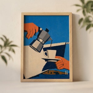 May include: A framed art print depicting a coffee pot pouring coffee into a white cup on a saucer. The artwork features a blue background, orange hands, and a light wood frame. The style is reminiscent of vintage illustrations.