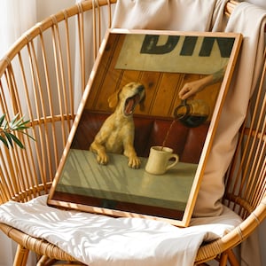 Puede incluir: Una impresi&oacute;n enmarcada muestra un perro bostezando en un restaurante, con caf&eacute; verti&eacute;ndose en una taza. La escena tiene lugar en un restaurante con un banco rojo y un letrero de "DINER". La impresi&oacute;n se exhibe en una silla de mimbre.