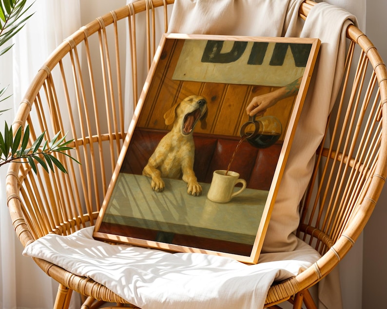 Puede incluir: Una impresi&oacute;n enmarcada muestra un perro bostezando en un restaurante, con caf&eacute; verti&eacute;ndose en una taza. La escena tiene lugar en un restaurante con un banco rojo y un letrero de "DINER". La impresi&oacute;n se exhibe en una silla de mimbre.