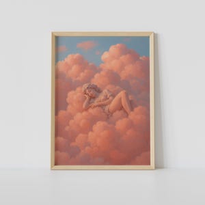 Sleeping Woman on Pink Clouds Art Print – Dreamy Surreal Wall Art