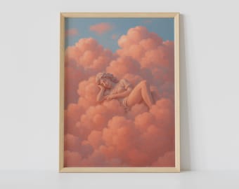 Sleeping Woman on Pink Clouds Art Print – Dreamy Surreal Wall Art