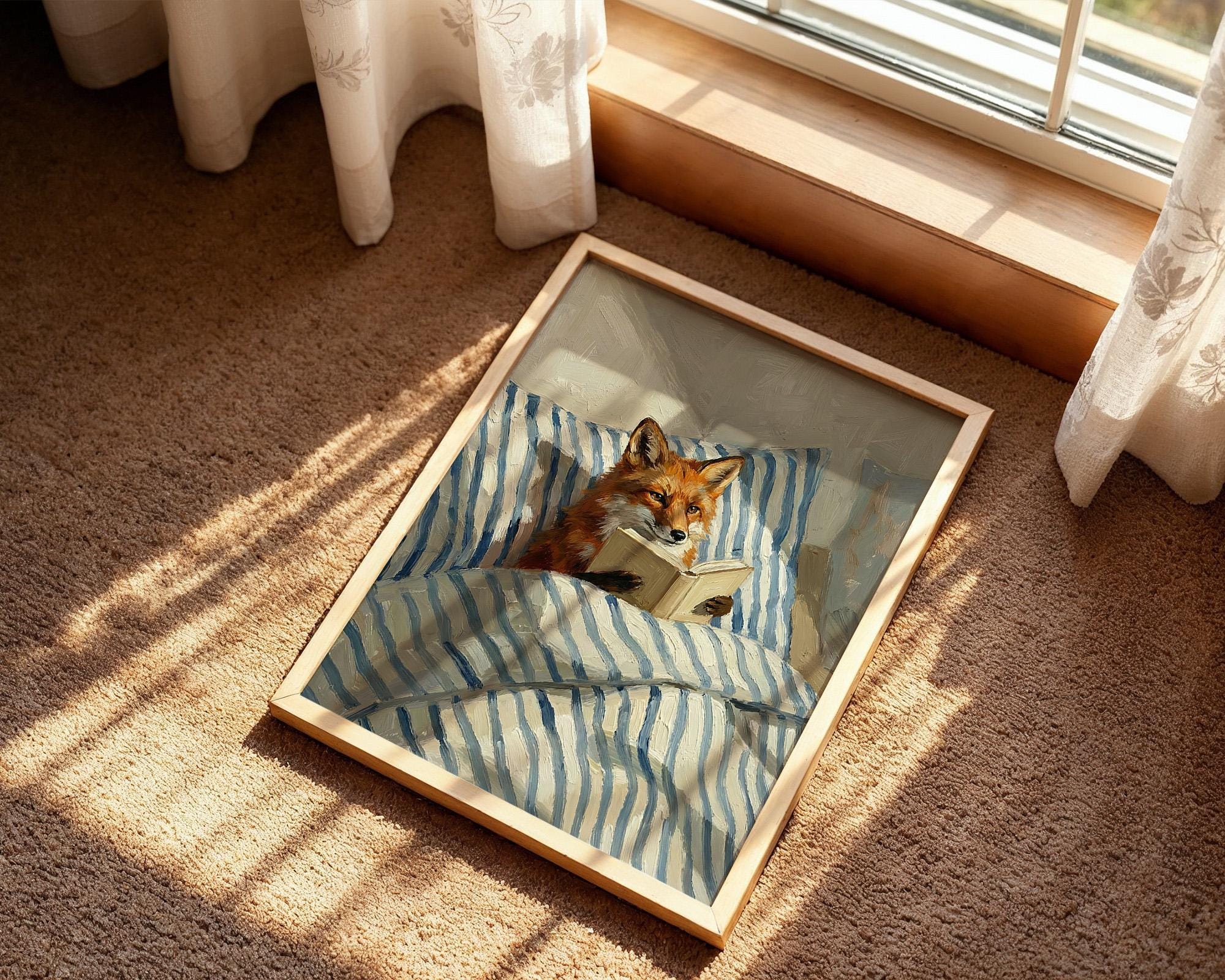 Fox Reading Book in Bed Wall Art Print, Cozy Morning Illustration With ...
