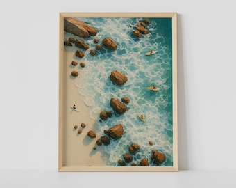 Surfing Beach Art Print – Ocean Aerial View Painting, Coastal Wall Decor