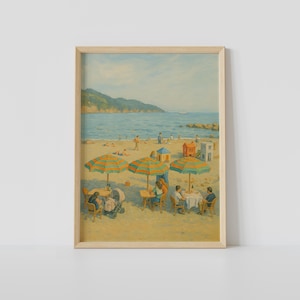 Mediterranean Beach Print – Retro Seaside Umbrella Painting, Coastal Summer Wall Art
