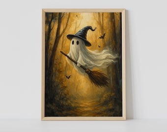 Witch Ghost Art Print – Cute Spooky Halloween Wall Decor