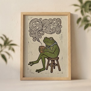 Frog Drinking Coffee Wall Art Print, Cozy Illustration with Swirling Steam and Bandana