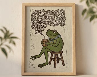 Väggkonsttryck med groda som dricker kaffe, mysig illustration med virvlande ånga och bandana