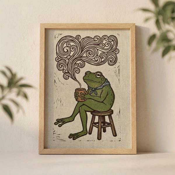 Wand Kunstdruck, Frosch Trinkt Kaffee, Gemütliche Illustration mit Dampf und Bandana