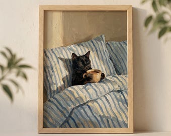 Black Cat Drinking Coffee in Bed Wall Art Print, Cozy Morning Illustration with Striped Pillow and Warm Sunlight
