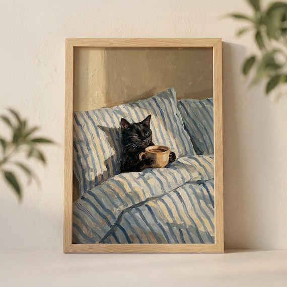 Black Cat Drinking Coffee in Bed Wall Art Print, Cozy Morning Illustration with Striped Pillow and Warm Sunlight