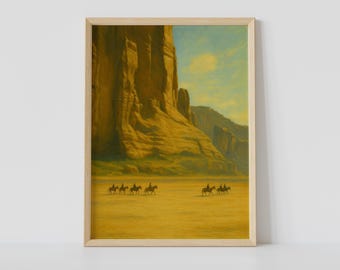 馬に乗ったカウボーイのキャニオンビューキャンバスアート、西部の風景