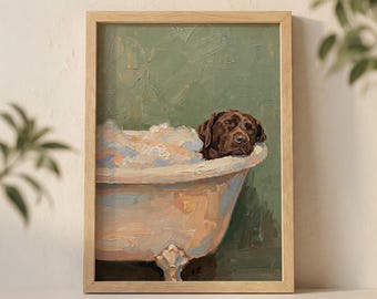 Stampa artistica da parete con Labrador color cioccolato nella vasca da bagno, illustrazione di una confortevole spa per cani con sfondo verde pastello.