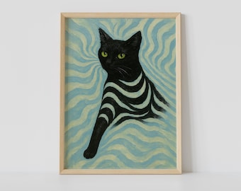 Surreal Black Cat Print – Psychedelic Art Poster, Modern Abstract Wall Decor