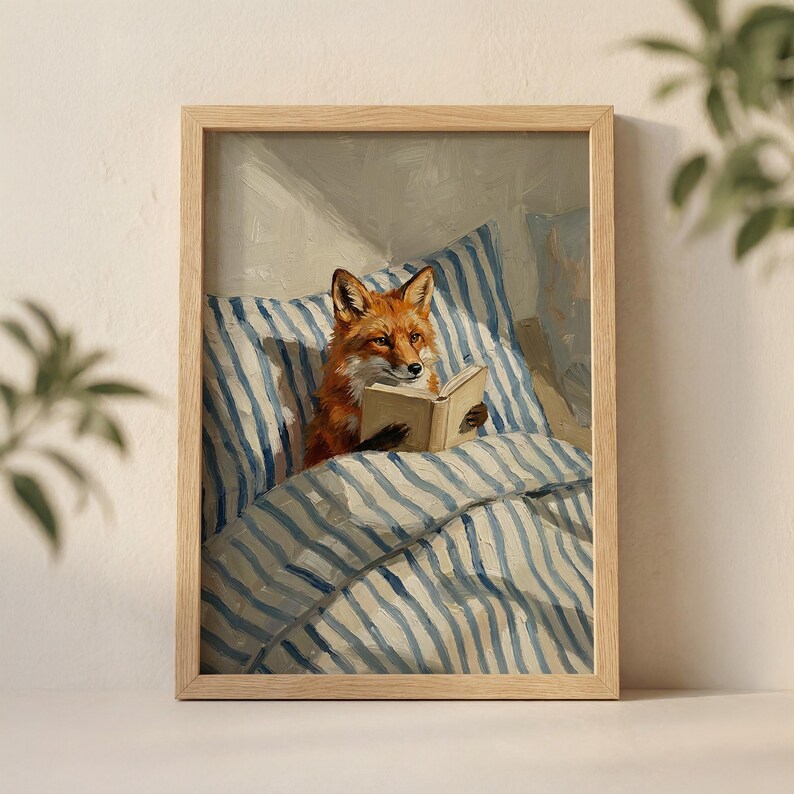 Fox Reading Book in Bed Wall Art Print, Cozy Morning Illustration With ...