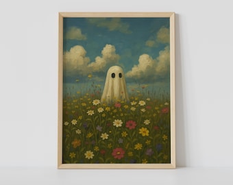 Geist in der Blumenwiese – Frühlingsgespenst Kunstdruck, gruselige Frühlingsdeko