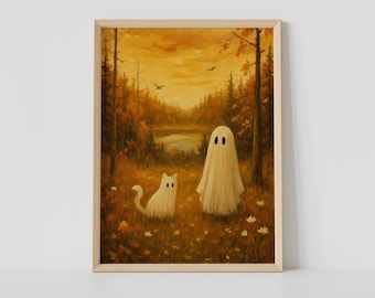 May include: A framed art print depicting a white cat and a ghost in a forest setting. The painting uses warm colours like orange, yellow, and brown. The artwork has a serene landscape with a touch of fantasy.