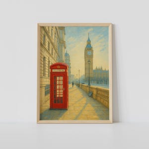 May include: A framed print of a London scene. A red telephone booth stands on a cobblestone path, with Big Ben and other buildings in the background. The sky is a light blue, and the scene is bathed in sunlight.