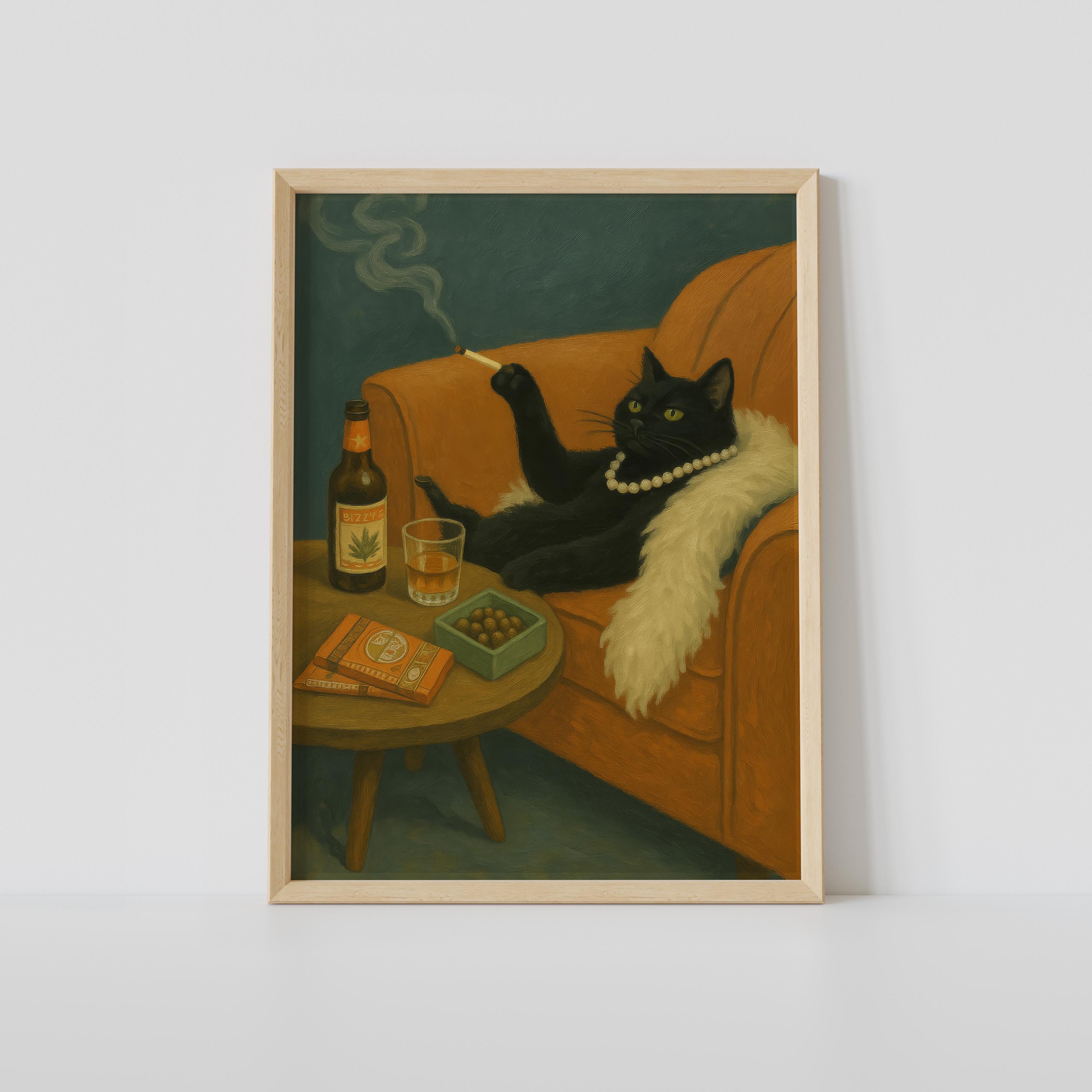 black cat with cigarette The Has One More Before Closing Time / Smoky Jazz & Whiskey Nights Black Cat Smoking Print 