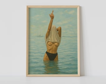 Djärvt feminint konsttryck – Edgy kustkvinnamålning, modern livsstilsväggdekor