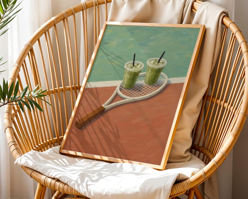以下が含まれることがあります： テニスラケットと2つの緑色の飲み物を描いた額入りのアートプリント。アートワークはテニスコートの背景と茶色の木製フレームです。プリントは籐の椅子に飾られています。