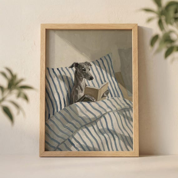 Greyhound Dog Reading Book in Bed Wall Art Print, Cozy Whippet Illustration with Striped Pillow and Soft Sunlight