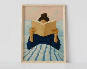 Woman Reading in Bed Print – Cozy Minimalist Bedroom Wall Art