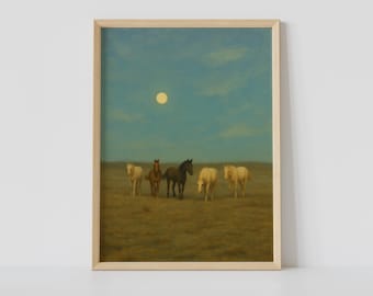 Caballos salvajes bajo la luna – Impresión de arte mural con paisaje del oeste