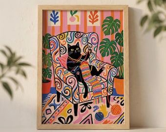 Black Cat Knitting Wall Art Print, kleurrijke maximalistische illustratie met psychedelische stoel