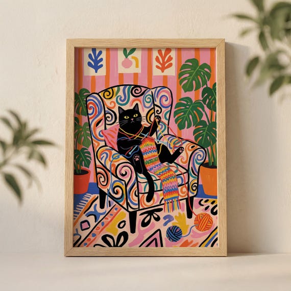 Black Cat Knitting Wall Art Print, Colorful Maximalist Illustration with Psychedelic Chair