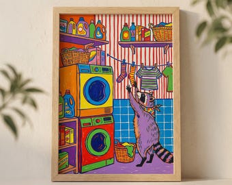 Raccoon Doing Laundry Wall Art Print, Colorful Utility Room Illustration with Washing Machine and Clothesline
