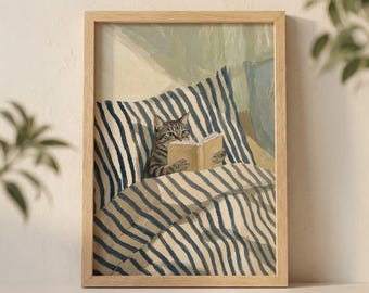 Tabby Cat Reading Book in Bed Wall Art Print, Cozy Morning Illustration with Striped Pillow and Soft Sunlight