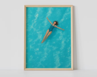 Floating Woman Pool Art Print – Minimalist Summer Wall Decor