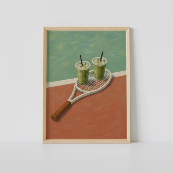 Tennis Court Matcha Art Print – Sporty Green Drink Wall Decor, Retro Cafe Poster