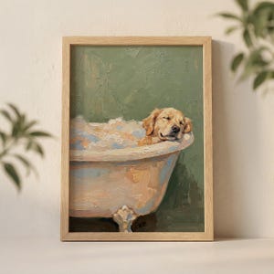 Golden Retriever in Bathtub Wall Art Print, Cozy Dog Spa Illustration with Pastel Green Background