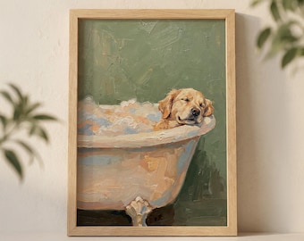 Väggkonsttryck med golden retriever i badkar, mysig hundspa-illustration med pastellgrön bakgrund
