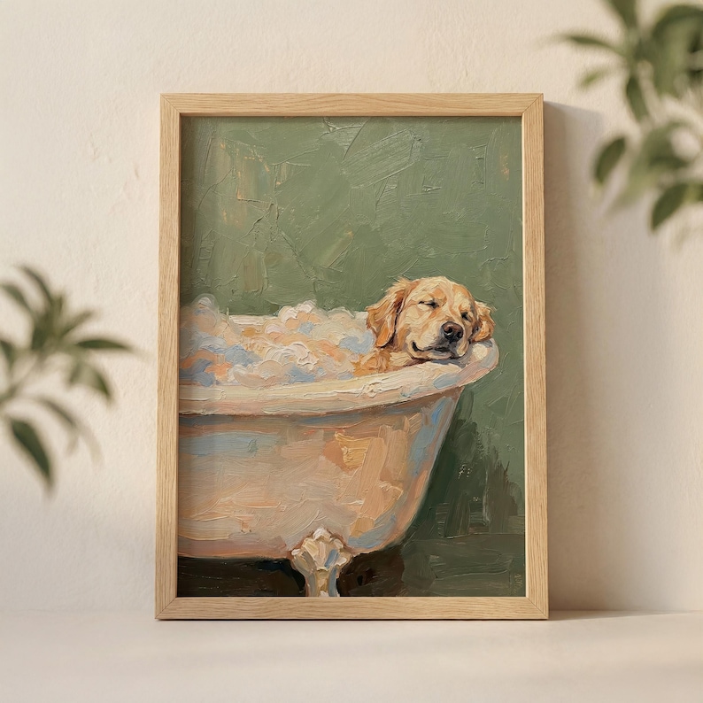 Golden Retriever in bathtub wall art print.