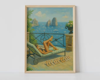 Capri Seaside Woman with Heels – Luxury Summer Fashion Wall Art, Italian Coast Print