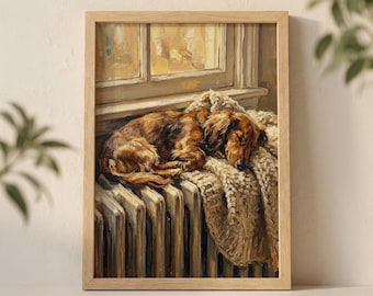 Teckel hond slaapt op radiator muurkunst print, gezellige langharige teckel illustratie met warm zonlicht