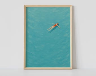 Lámina artística minimalista de nadadora: póster de mujer flotando, decoración moderna de pared de verano