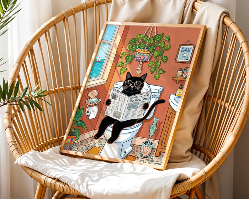 Black Cat Reading Newspaper on Toilet Wall Art Print, Funny Bathroom ...