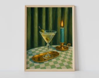 Impressão artística de Martini à luz de velas – Decoração de parede elegante para coquetéis