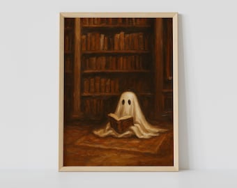 Fantasma na Biblioteca – Impressão de arte fofa e assustadora para amantes de livros, decoração de parede aconchegante para Halloween