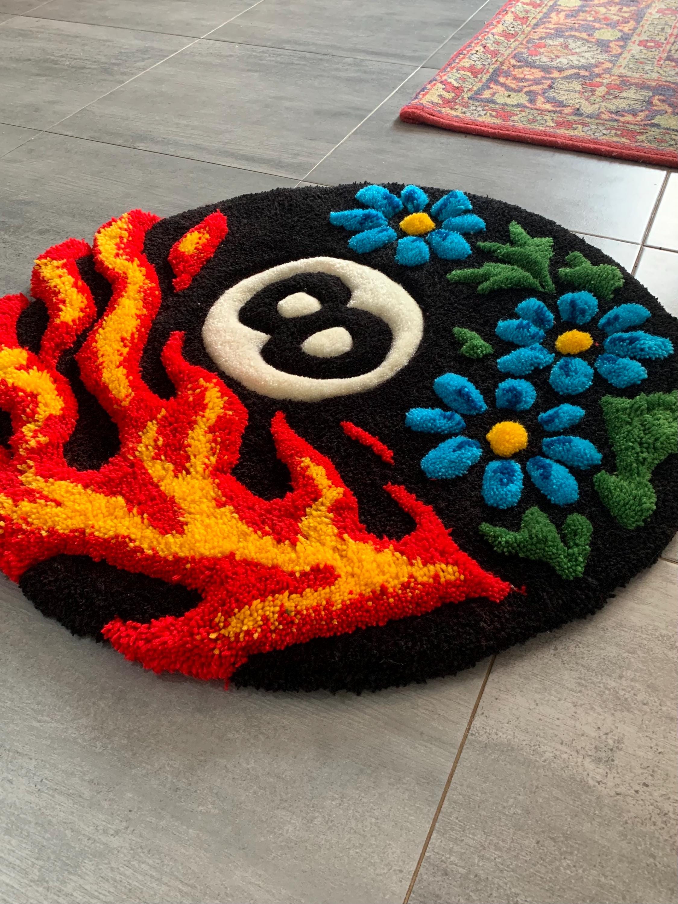 Handmade 8 Ball 3D Rug – Fire and Flower Round Carpet, Handmade Home ...