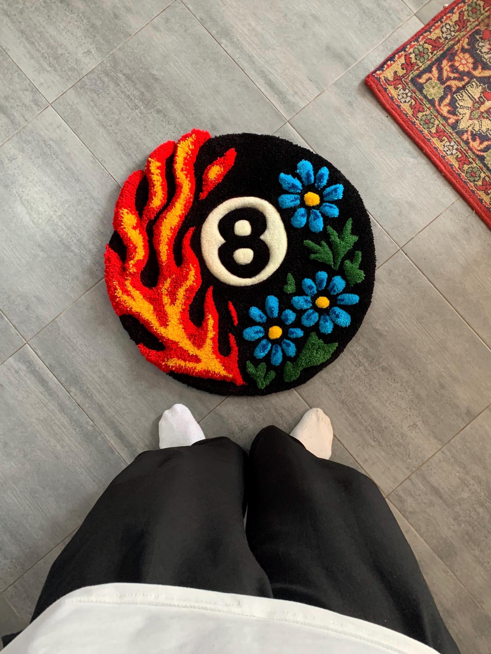 Handmade 8 Ball 3D Rug – Fire and Flower Round Carpet, Handmade Home ...