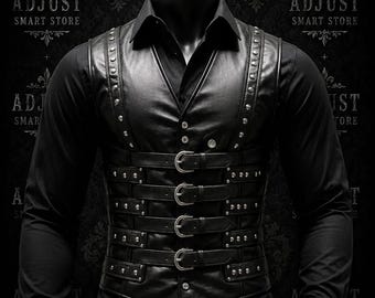 May include: A black long-sleeved shirt worn under a black vest featuring four horizontal buckled straps across the front, silver-toned metal studs along the vertical panels, and a pointed hem. The background displays the text ADJUST SMART STORE.